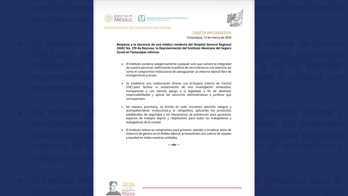Médica residente acusa acoso y agresiones en hospital del IMSS en Reynosa; institución inicia investigación