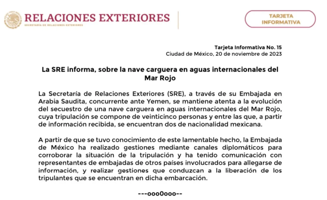 Rebeldes de Yemen secuestran un buque en el Mar Rojo con dos mexicanos a bordo