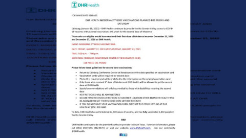 Aplicarán en el Condado de Hidalgo segunda dosis de la vacuna de Moderna