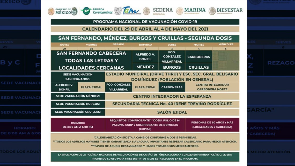 Segunda dosis de vacunas para adultos mayores de varios municipios de Tamaulipas iniciará este miércoles