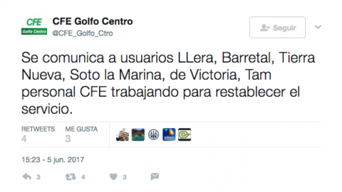 Sin luz varios municipios de Tamaulipas