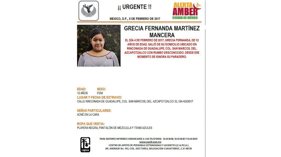 Activan alerta AMBER por menor extraviada en CDMX