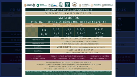 Anuncian fechas de vacunación contra Covid-19 a personas de 50 a 59 en Reynosa, Matamoros y Altamira