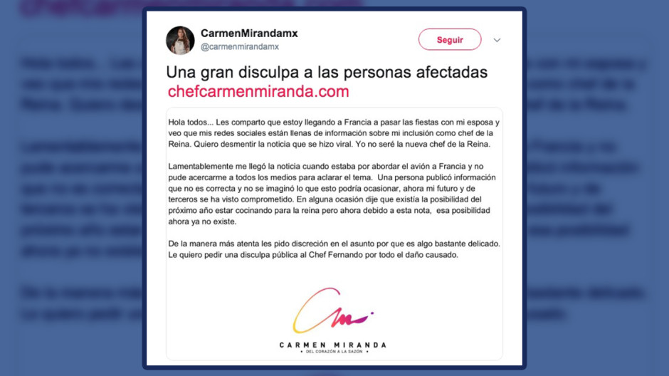 Carmen Miranda desmiente noticia sobre ser cocinera de la Reina de Inglaterra