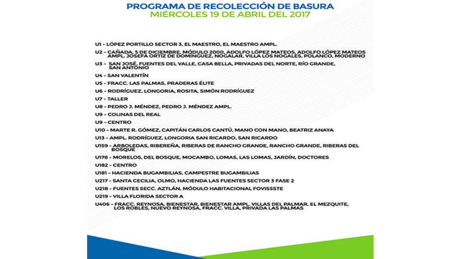Programa de recolección de basura para el día de hoy