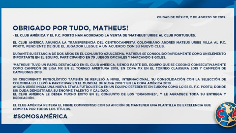  América confirma la salida de Mateus Uribe y su llegada al Porto