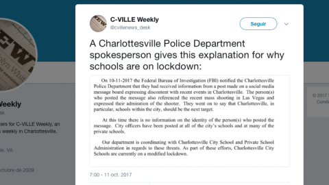 Por amenaza masiva de tiroteo cierran escuelas de Charlottesville