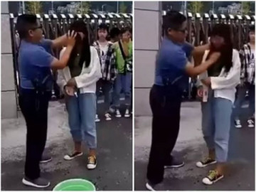 Maestro desmaquilla con trapo húmedo a alumnas