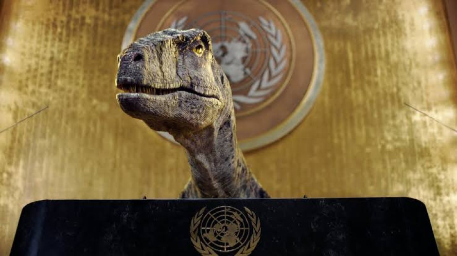 Dinosaurio critica a los humanos sobre el cambio climático en campaña de la ONU