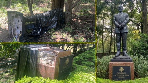 Árbol caído derriba estatua de Felipe Calderón en CDMX; sigue en el suelo días después