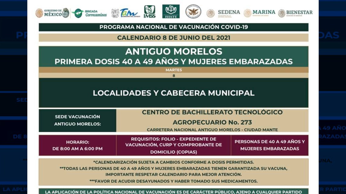 El 7 de junio iniciará vacunación anticovid para adultos de 40 a 49 años en Rio Bravo