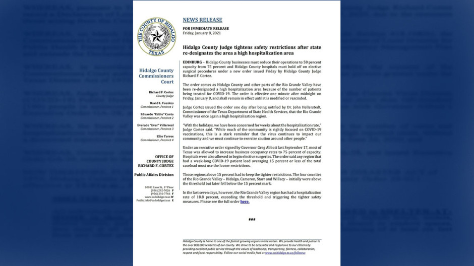 Restaurantes en Condado Hidalgo deberán reducir su ocupación al 50%