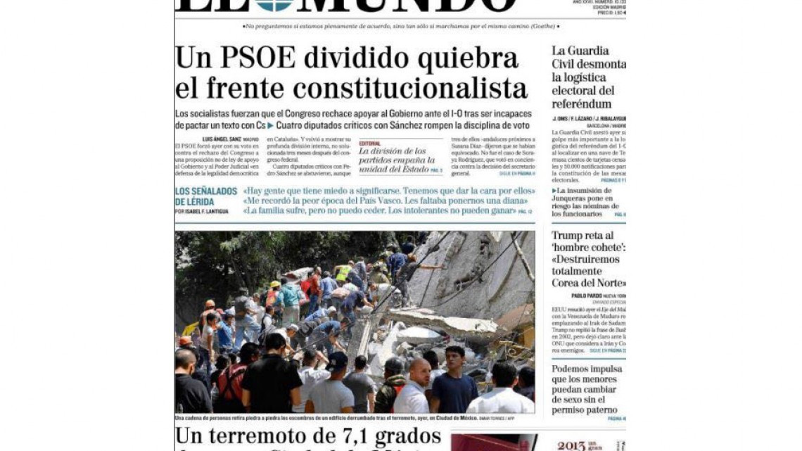Sismo de México en portadas internacionales