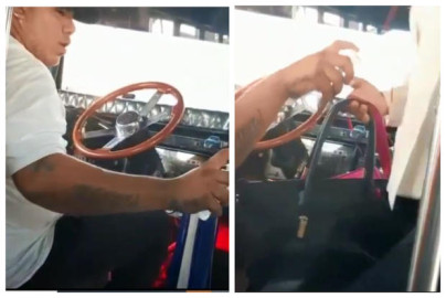 Chófer de autobús reparte gel antibacterial a pasajeros