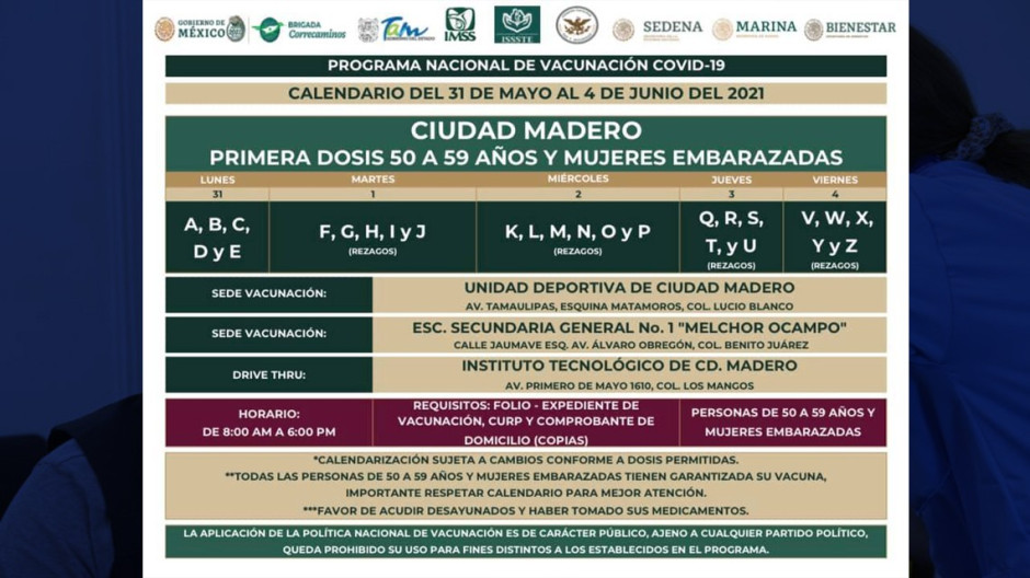 Vacunación para personas de 50 a 59 años en Tampico y Madero dará inicio este lunes