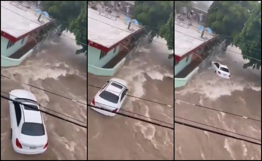 Auto es arrastrado por la corriente de agua en Culiacán, Sinaloa