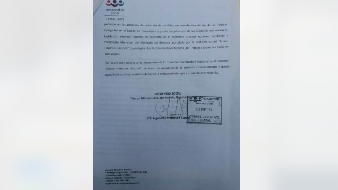 PT y PES avalan registro de Rigo Garza