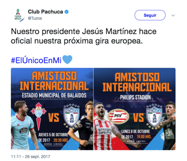 Pachuca presenta gira por Europa; PSV donará taquilla a MX