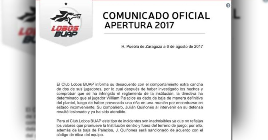 Toma medidas Lobos BUAP sobre pelea donde se involucraron Julián Quiñones y William Palacios