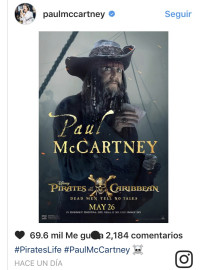 Paul Mcartney revela foto de su personaje en "Piratas del Caribe"