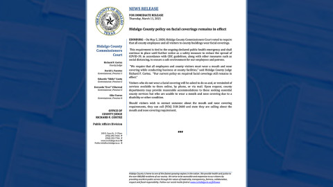 Condado de Hidalgo seguirá requiriendo cubrebocas en todos sus edificios