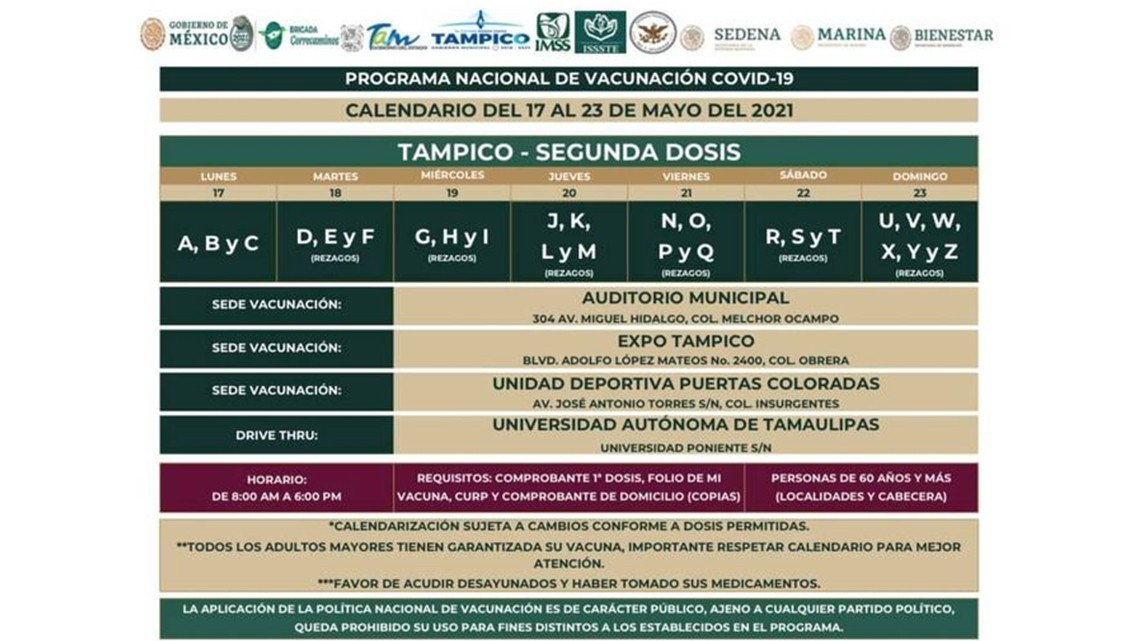 Ya hay fechas para la aplicación de segunda dosis para adultos mayores en Matamoros y Tampico
