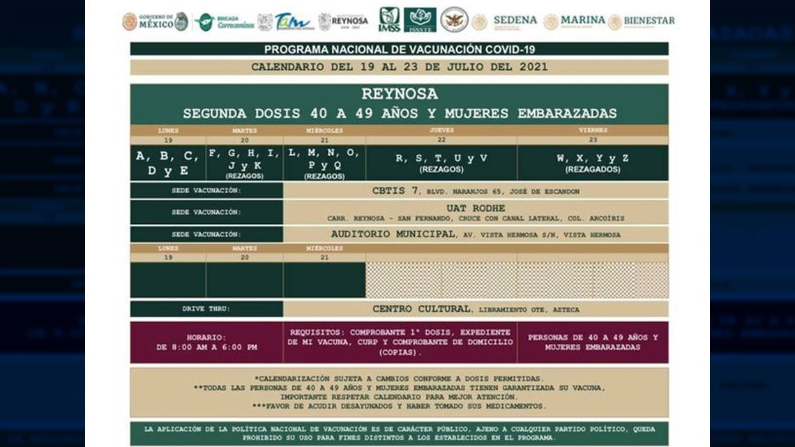 Inicia aplicación de la segunda dosis de vacuna antiCovid para adultos de 40 a 49 años en Reynosa, Nvo Laredo, Matamoros y Río Bravo 