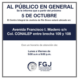 FGJET iniciará operaciones en Centro Integral de Justicia en el municipio de Río Bravo