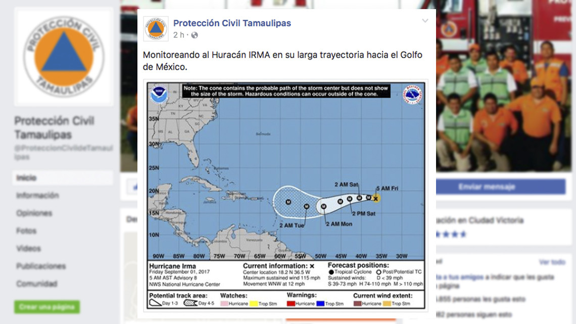 Monitorea PC Tamaulipas trayectoria del huracán Irma 