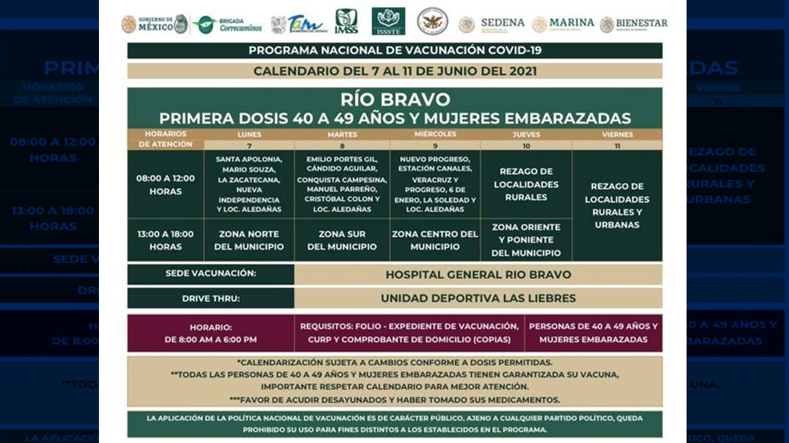 El 7 de junio iniciará vacunación anticovid para adultos de 40 a 49 años en Rio Bravo