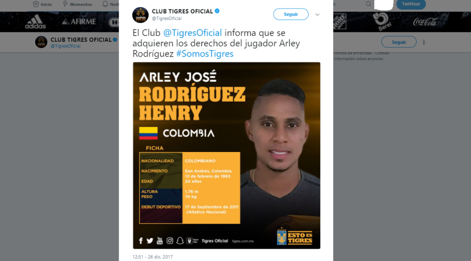 Arley Rodríguez, nuevo refuerzo de Tigres