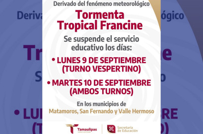 Suspenden clases por tormenta Francine en Matamoros, San Fernando y Valle Hermoso