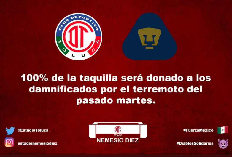 Toluca donará taquilla contra Pumas