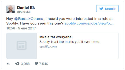 Ofrece Spotify a Obama un empleo hecho a su medida