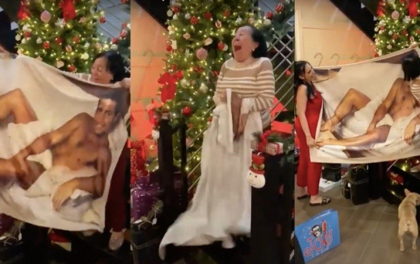 Abuela enloquece al recibir cobija con foto de Chayanne