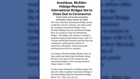 Puente de Reynosa-Hidalgo y Anzalduas no cerrarán por covid-19