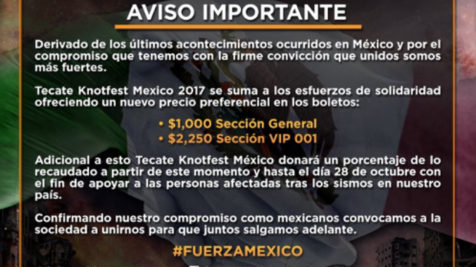 Knot Fest México 2017 recauda fondos para damnificados