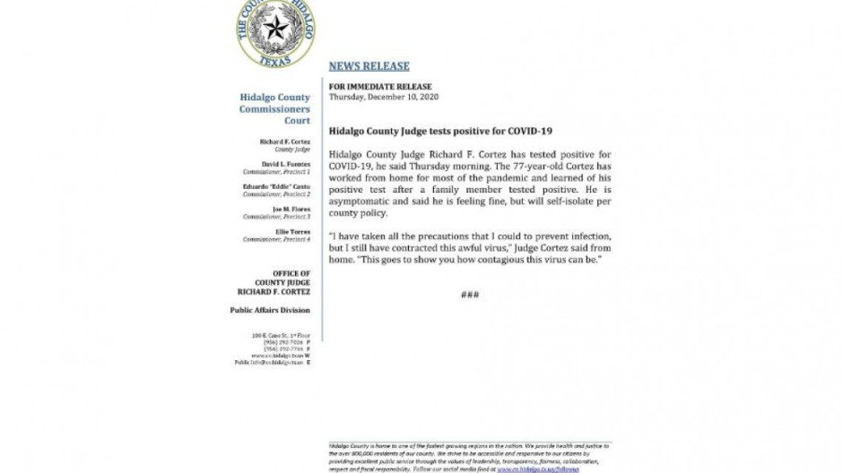 Juez del Condado de Hidalgo, Richard Cortez da positivo a COVID-19 
