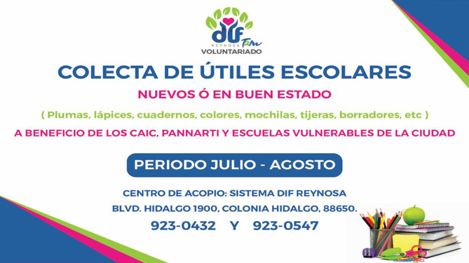 Pide apoyo DIF Reynosa para colecta de útiles escolares