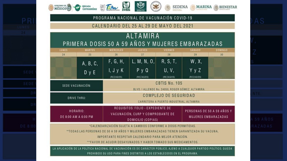 Anuncian fechas de vacunación contra Covid-19 a personas de 50 a 59 en Reynosa, Matamoros y Altamira