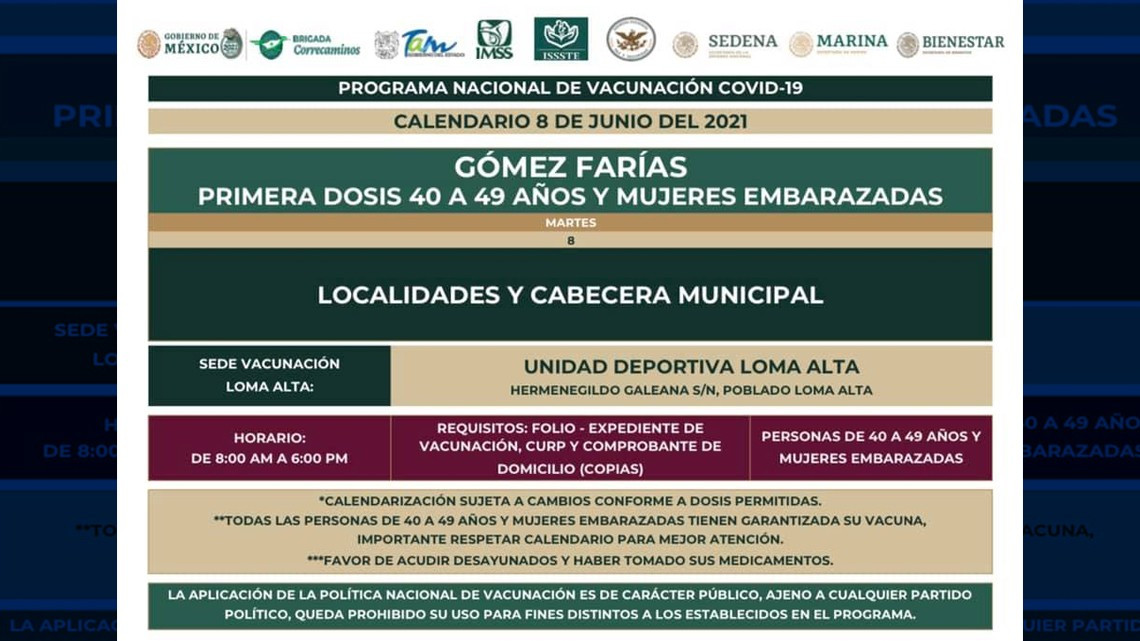 El 7 de junio iniciará vacunación anticovid para adultos de 40 a 49 años en Rio Bravo