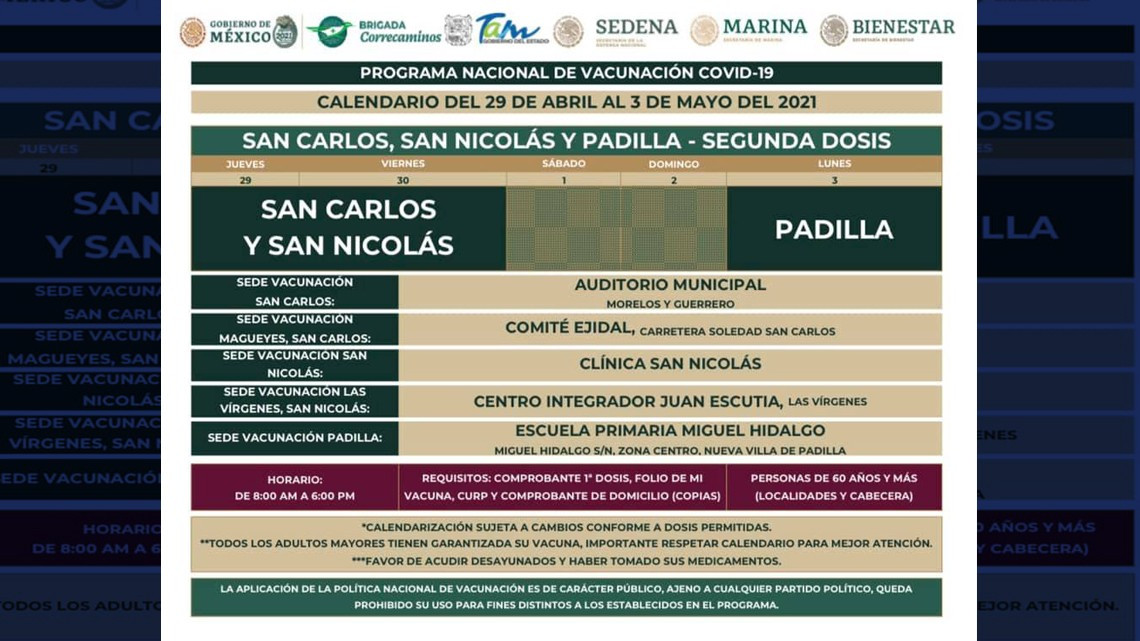 Segunda dosis de vacunas para adultos mayores de varios municipios de Tamaulipas iniciará este miércoles