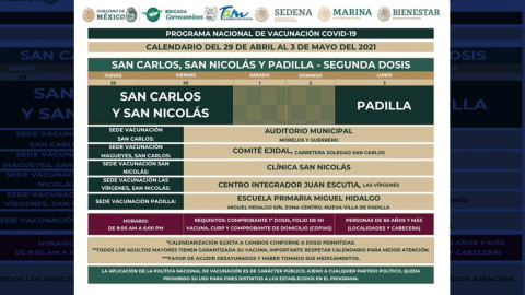 Segunda dosis de vacunas para adultos mayores de varios municipios de Tamaulipas iniciará este miércoles