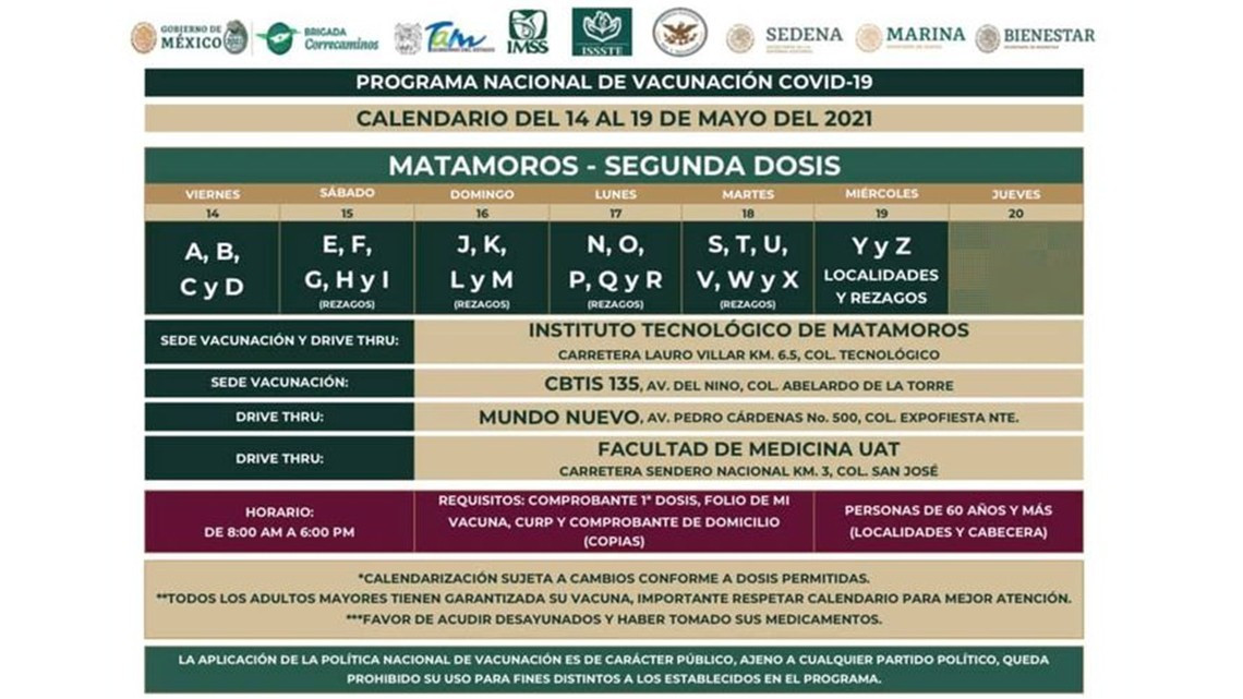 Ya hay fechas para la aplicación de segunda dosis para adultos mayores en Matamoros y Tampico