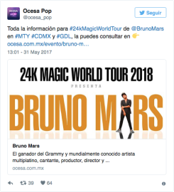 Bruno Mars presentará su tour en México