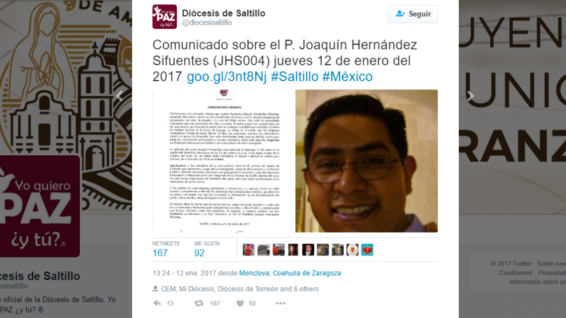 Caen 2 por asesinato de sacerdote en Saltillo