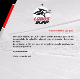 Lobos BUAP prescinde relación laboral con Jonnthan Fabbro
