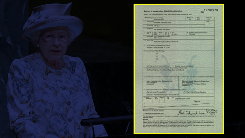 Reina Isabel ll falleció por 'vejez'; comparte Archivo Nacional de Escocia su certificado de defunción 