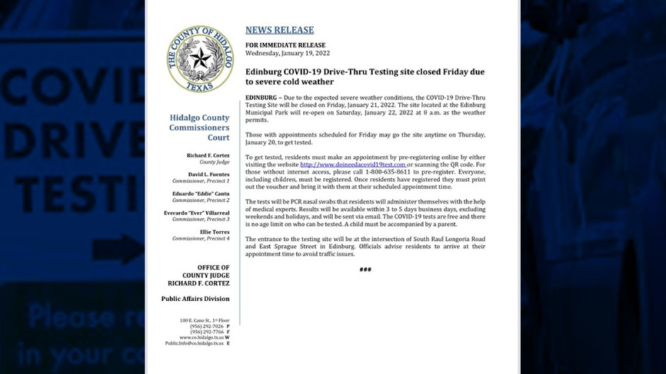 Ante frente frío cerrarán el viernes el sitio de pruebas Drive-Thru COVID-19 de Edinburg