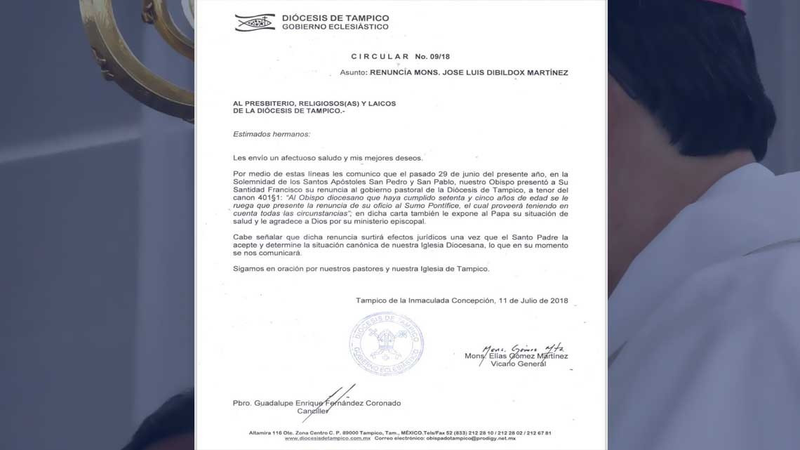 Renuncia José Luis Dibildox como obispo de la Diócesis de Tampico